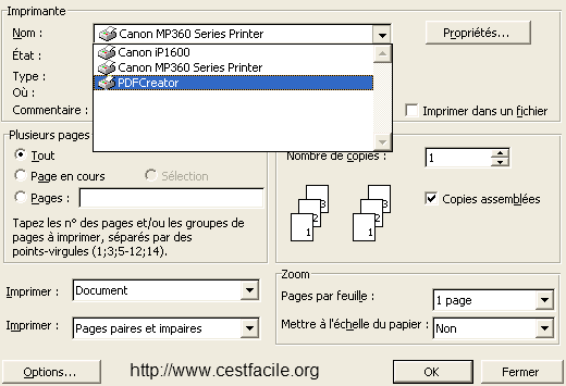 choix de l'imprimante virtuelle pdf creator